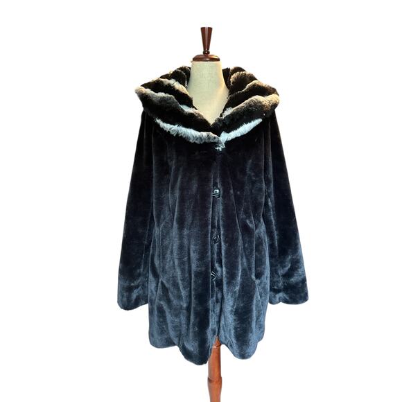 Dennis by Dennis Basso Jackets & Blazers - Dennis by Dennis Basso Black Faux Fur Coat | Removable Hood & Collar  | Size L